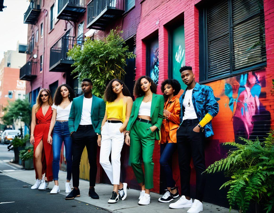 A stylish urban setting featuring diverse individuals showcasing bold fashion trends amidst a vibrant cityscape. The scene includes elements of street art, lush greenery peeking through urban architecture, and dynamic poses capturing movement and energy. Emphasize a sense of community and creativity with lively expressions and unique accessories. super-realistic. vibrant colors. urban setting.