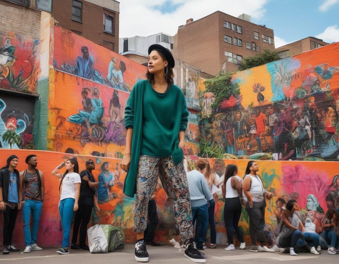 An eclectic and vibrant collage showcasing diverse big hip lifestyle trends. Include a group of stylish individuals in fashionable oversized clothing, engaging in various trendy activities like urban gardening, pop-up food markets, and street art. Captivate an energetic urban backdrop with graffiti murals and colorful street performances. The scene should encapsulate a lively and dynamic atmosphere, emphasizing community and modernity. super-realistic. vibrant colors. urban style.