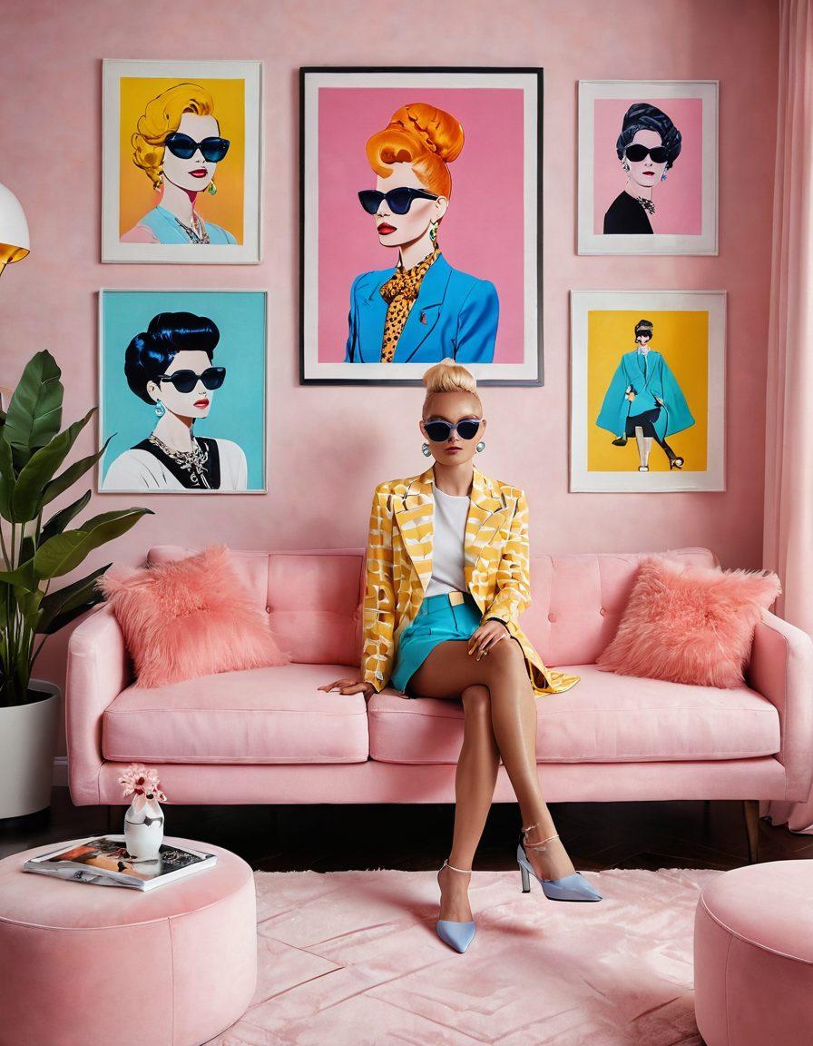 A stylish living room infused with elements of fashion and pop culture, featuring trendy decor, vibrant fashion accessories, and iconic pop art posters. A person confidently showcasing a unique outfit stands in the midst, radiating charisma and style. Soft, warm lighting enhances the inviting atmosphere. pastel colors. vibrant colors. 3D.